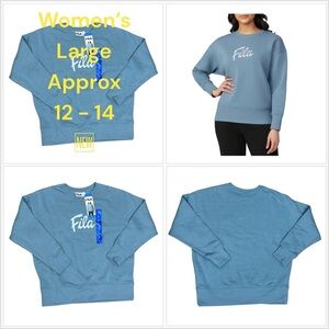 Women's Fila Large 12 -14 Blue Fleece Sweatshirt Logo Crew Pullover Long Sleeve